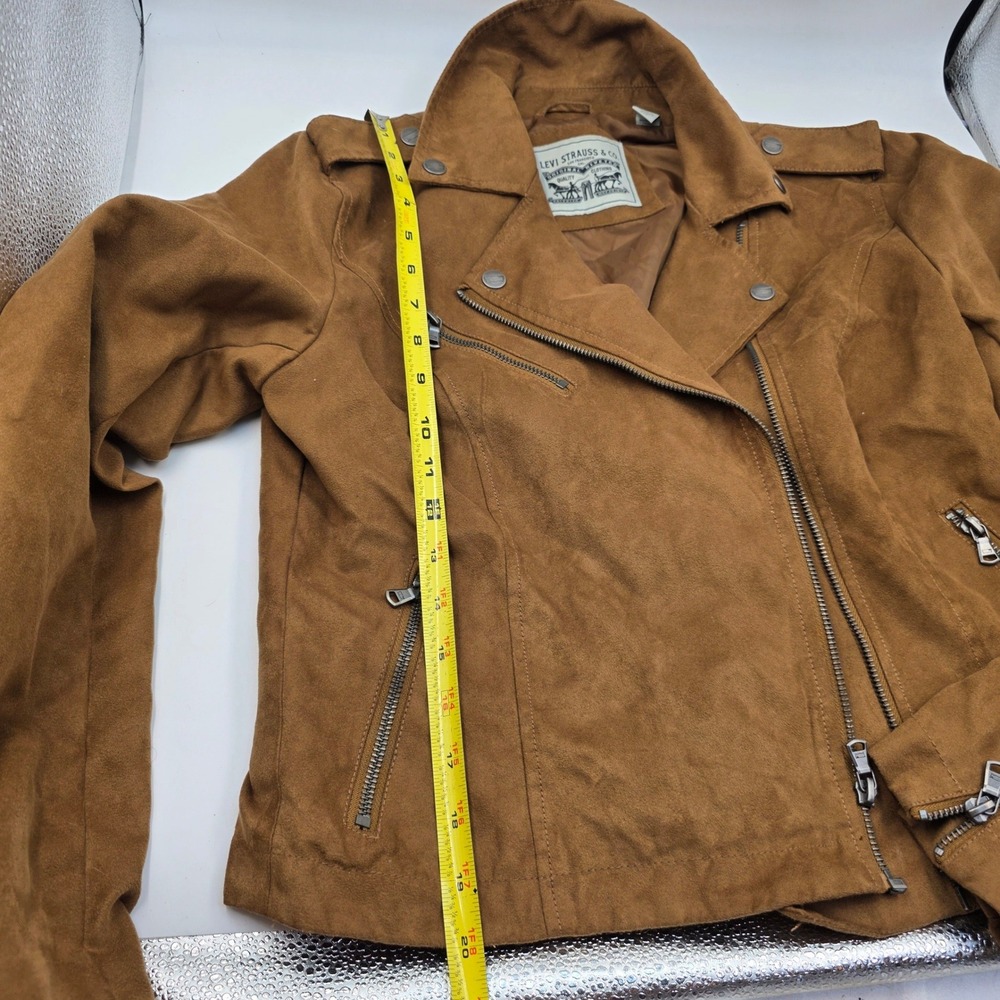 Levis Faux Suede Moto Jacket Womens Small Brown Asymmetrical Zip Biker Cognac O9 - Picture 4 of 16
